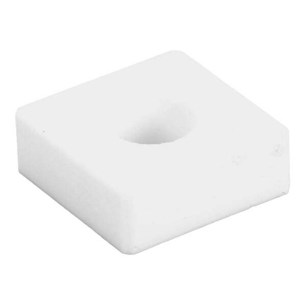 A white, square bearing block with a central hole designed for a 5/8 inch shaft, used for side panels.