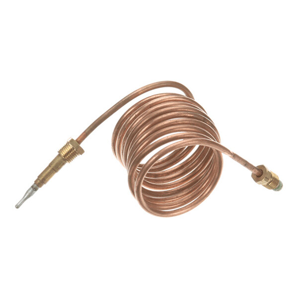 A coiled copper thermocouple with brass fittings on both ends.