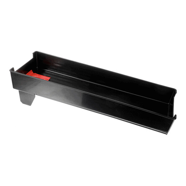 A black rectangular plastic bin with a small red section in one corner.