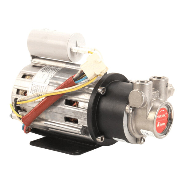 A metal motor and pump assembly with attached wires and a cylindrical capacitor, used for circulating fluids in equipment.