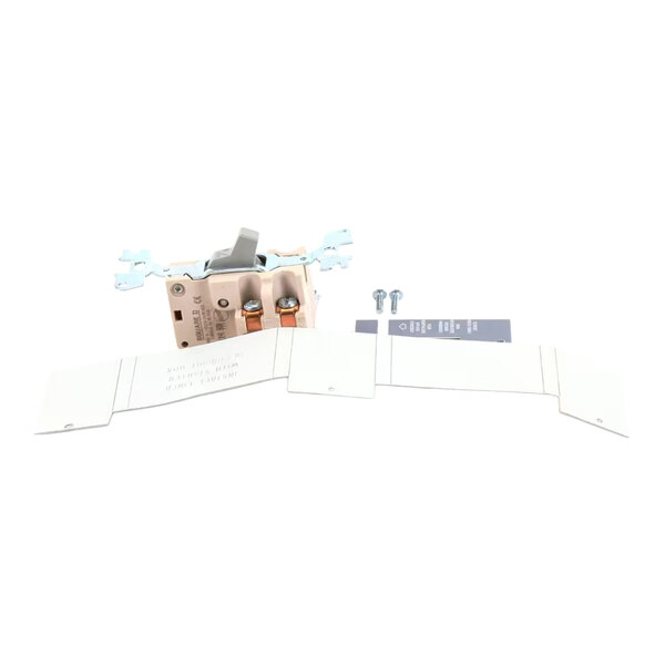 A metal electrical switch component with mounting brackets, screws, and a flat metal strip, displayed on a white background.