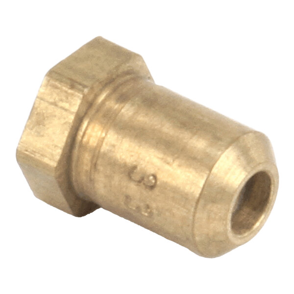 A brass orifice head with a hexagonal base and a threaded end.