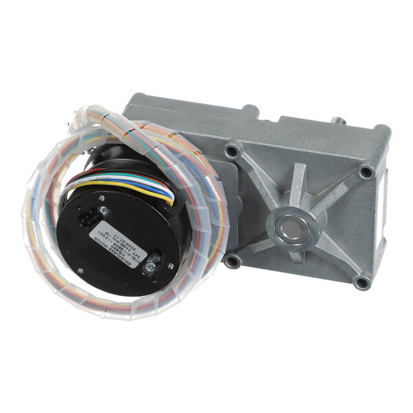 A 24V brushless gear motor with a protective wire cover and a metal housing, designed for 20 RPM operation.