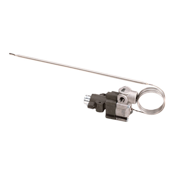 A metal thermostat component with a long, coiled sensing probe.