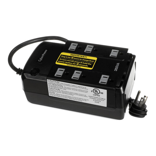 A black uninterruptible power supply unit with six outlets and a power cord.
