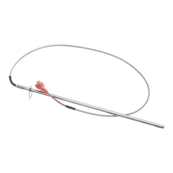 A metal thermocouple probe with an attached cable and red connector, designed for temperature measurement applications.