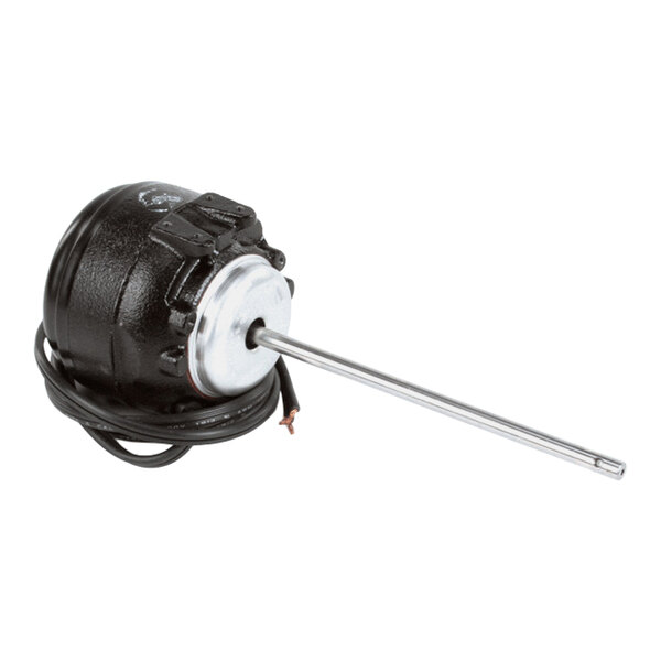 A black and silver electric motor with an attached long metal shaft and a power cord.