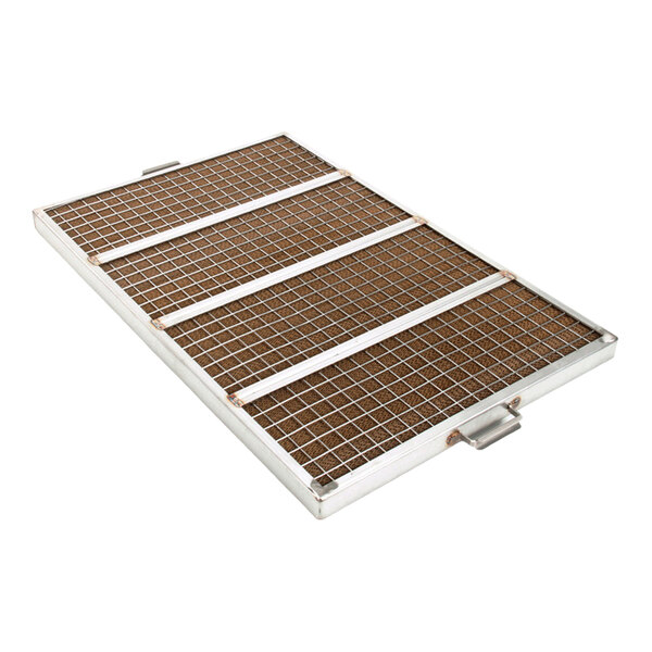 A rectangular metal incendalyst filter with a grid pattern and handles, measuring 20 x 31 x 1.5 inches.