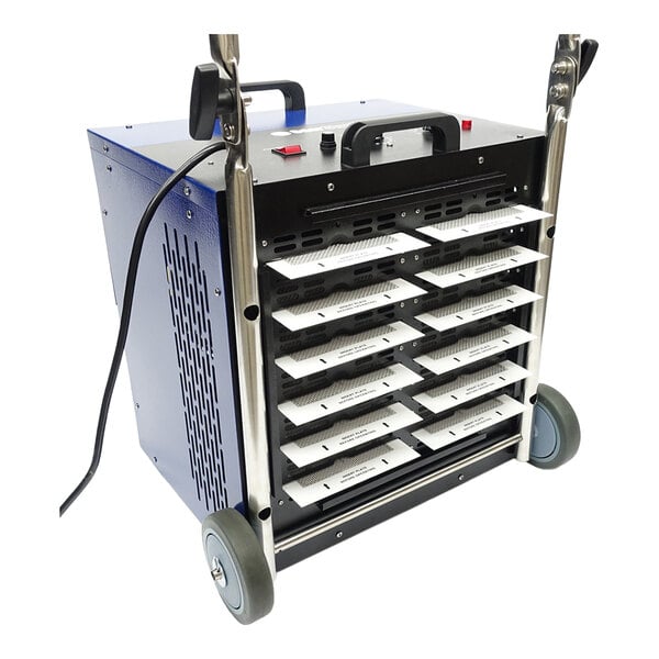 An ozone generator air purifier with multiple ceramic ozone plates and a wheeled handle for portability.