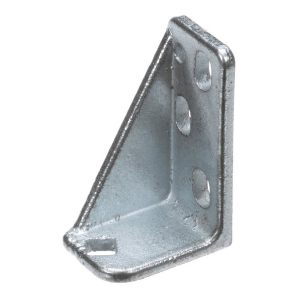 A metal L-shaped bracket with three circular holes and one elongated slot, likely used for mounting or support.
