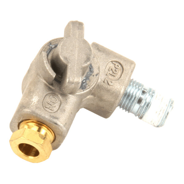 A metal 90-degree pilot valve shut off with a brass fitting and a control lever.