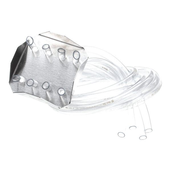 A cleaning manifold assembly with multiple clear tubes and a metal plate, used for beverage dispensing systems.