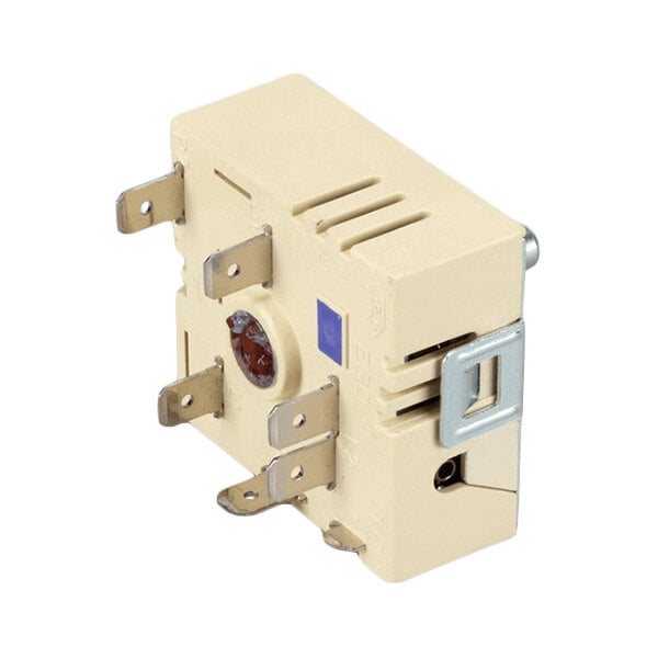 A beige electrical switch component with multiple metal terminals and a metal clip, designed for use in appliances.