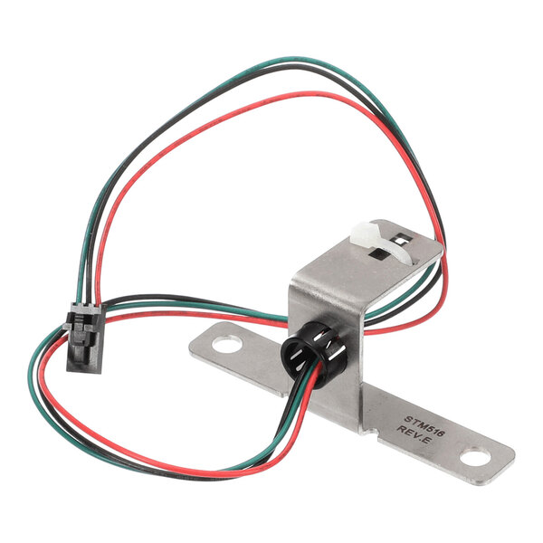 A hall effect sensor kit with a metal mounting bracket and attached red, green, and black wires.
