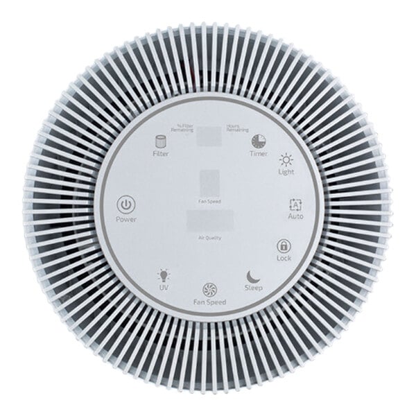 A white OdorStop OSAP5BW1 HEPA air purifier with an activated carbon filter and UV filter, featuring a circular top control panel with multiple function buttons.