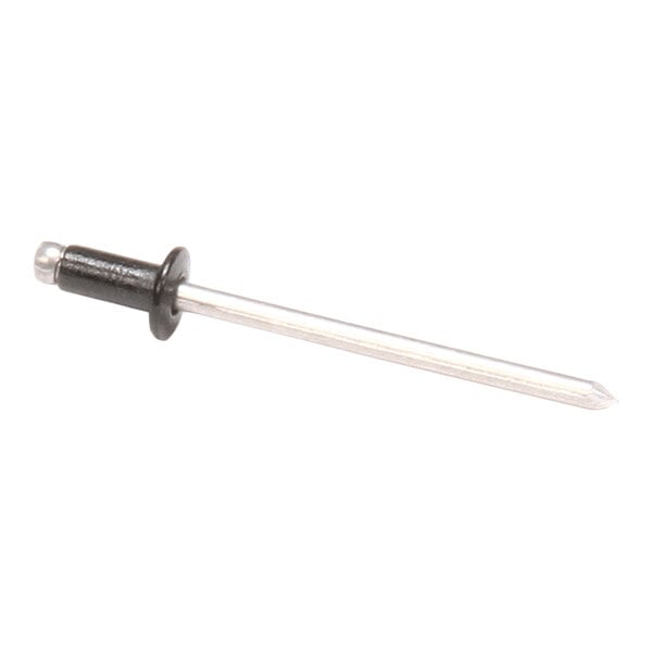 A metal pop rivet with a black head and a long silver shaft.