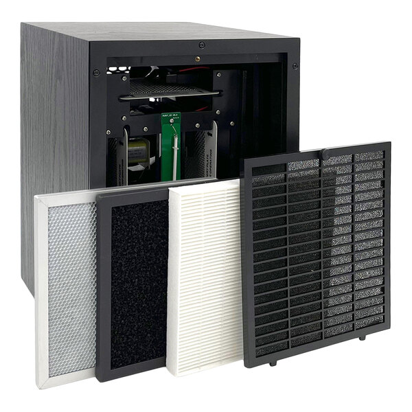 An air purifier and ozone generator unit with multiple removable filters including HEPA, activated carbon, and other filtration components.
