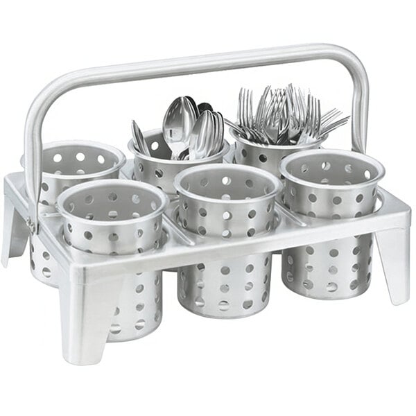 A silver Vollrath cylinder transport rack with holes.