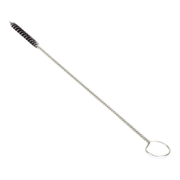 A thin metal brush with a twisted handle and a small bristled tip, designed for cleaning burner orifices.