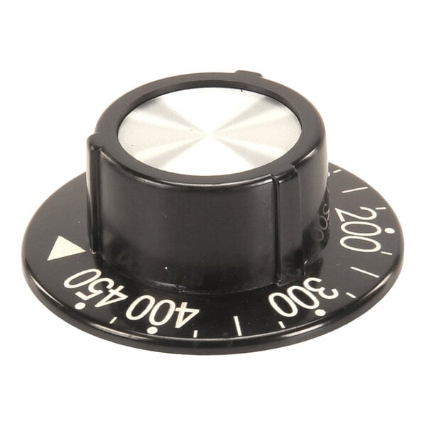 A black control knob with a silver center and temperature markings ranging from 200 to 450 degrees.