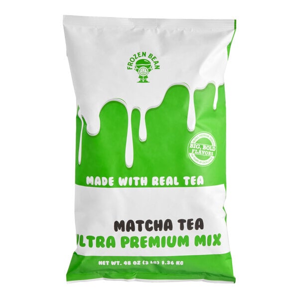 A bag of The Frozen Bean Matcha Green Tea Ultra Premium Beverage and Dessert Mix.