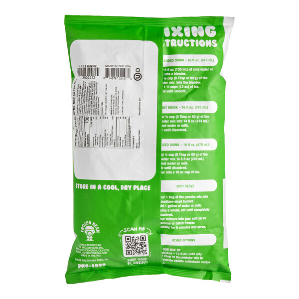 A green and white bag of The Frozen Bean Matcha Green Tea Ultra Premium Beverage / Dessert Mix.