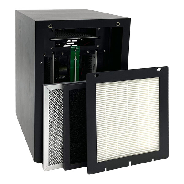 An air purifier and ozone generator unit with removable HEPA and activated carbon filters displayed in front.