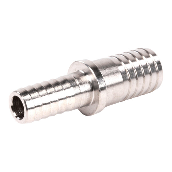 A stainless steel splicer with 3/8 inch by 1/2 inch barbed ends.