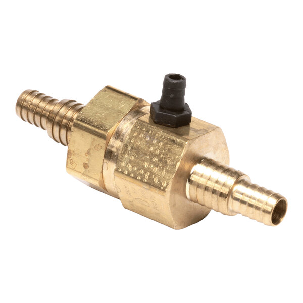 A brass backflow preventer assembly with hose barbs and a small black valve fitting.