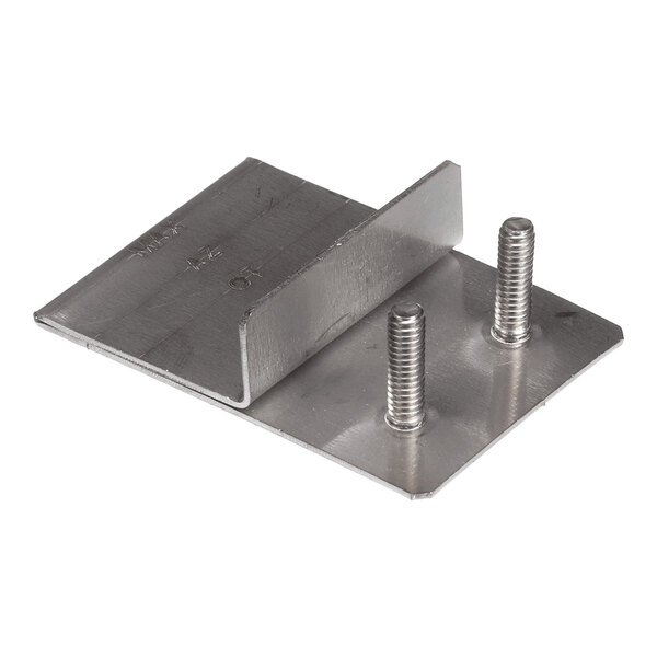 A metal assembly part with a right-angle bracket and two protruding threaded studs.