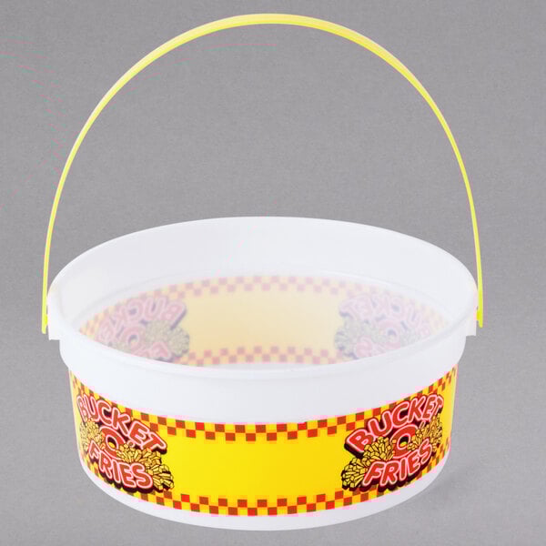 A white plastic French fry bucket with a yellow and red handle.