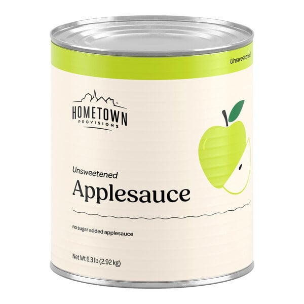 A large metal can with a green and cream label featuring an illustration of a green apple and the text 'Unsweetened Applesauce'.