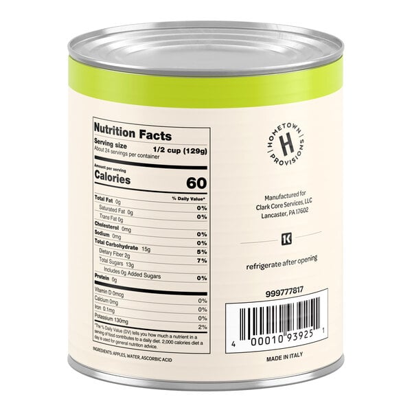 A large can with a green stripe near the top, displaying nutrition facts, a barcode, and product information on the back label.