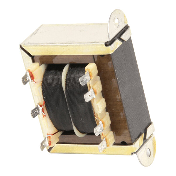 A small electrical transformer with a metal frame and multiple connection terminals.