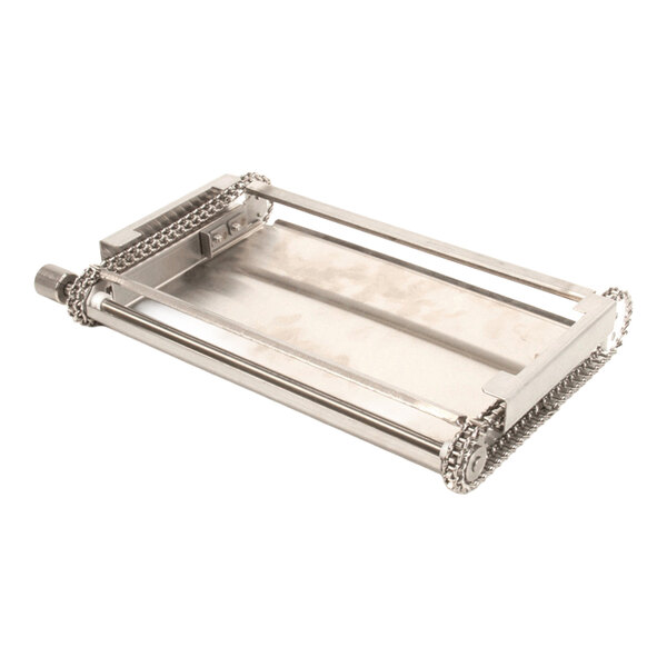 A metal drive unit assembly with chains and rollers, designed for use in a conveyor system.