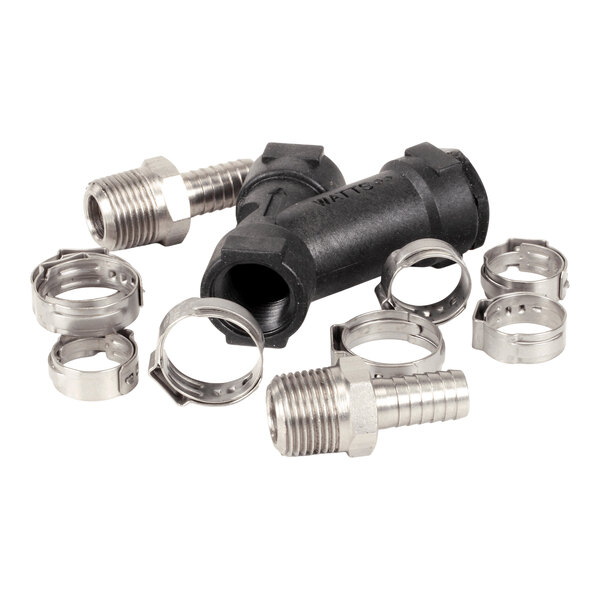 A kit containing an inline strainer, hose barbs, and metal hose clamps.