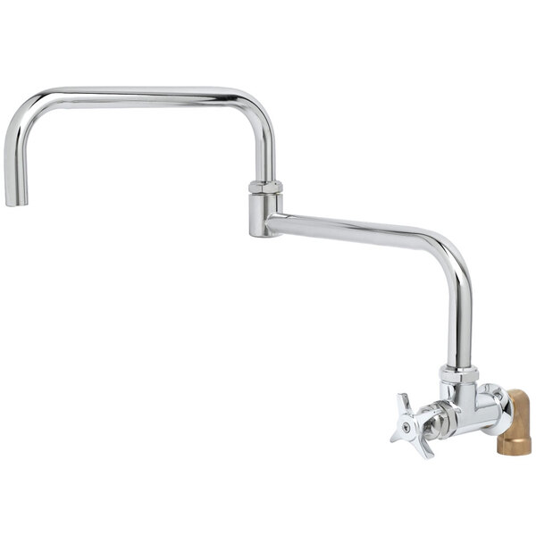 A T&S polished chrome wall mount faucet with a 4 arm handle.