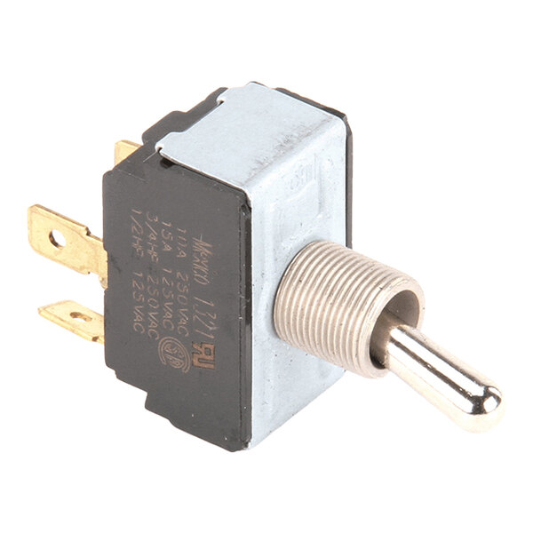 A metal toggle switch with three brass terminals and a threaded mounting shaft.