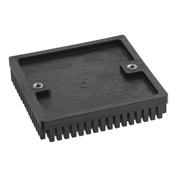 A black, square-shaped plastic component with a grid of evenly spaced vertical slots along one edge and two visible metal screw inserts.