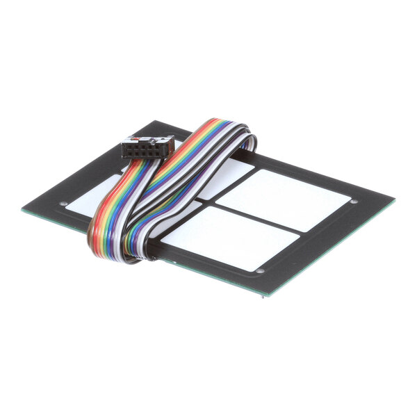 A rectangular electronic keypad with four white touch-sensitive pads and an attached multicolored ribbon cable with a connector.
