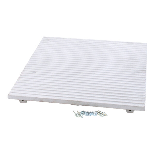A rectangular ribbed metal grill plate with mounting hardware.