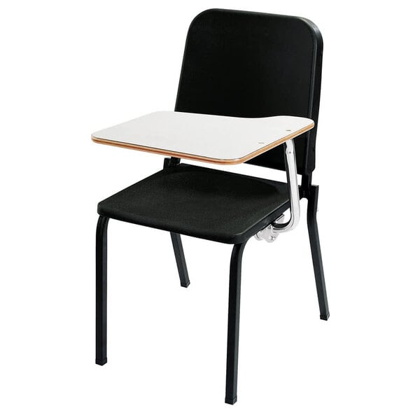 A black National Public Seating Melody stack chair with a left tablet desk arm.