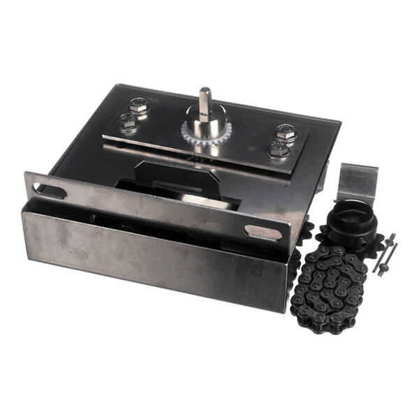 A metal drive assembly with clutch and feeder components, including a gear and chain, for a Nieco machine.