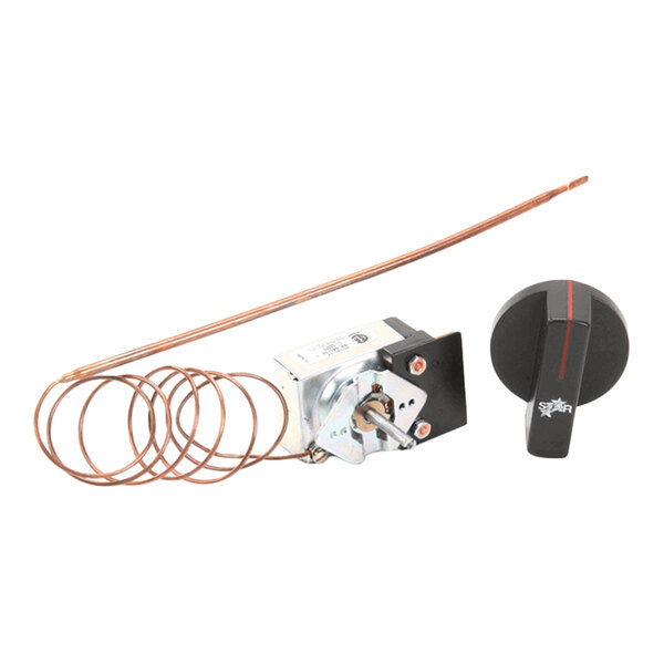 A thermostat service kit with a coiled copper sensor and a black control knob.