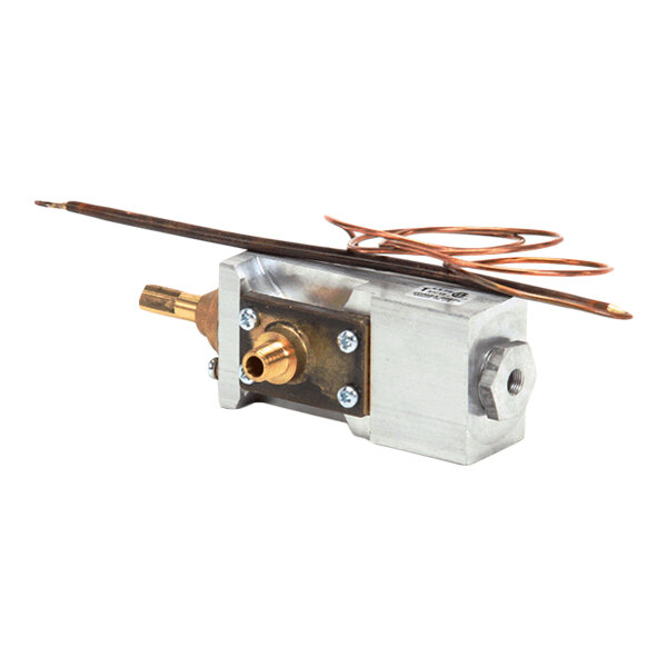 A metal combination temperature control device with attached copper tubing.