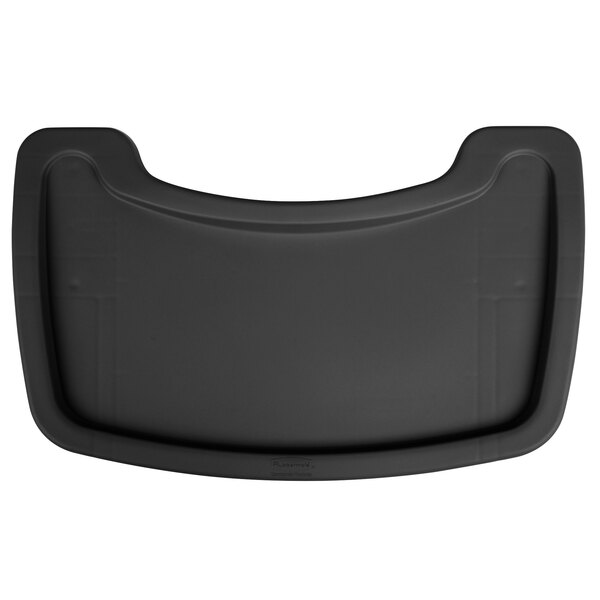 A black plastic tray with a curved edge and a handle for a Rubbermaid restaurant high chair.