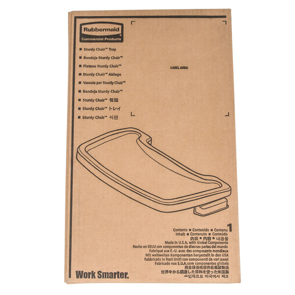 A cardboard box with instructions for a Rubbermaid Black Restaurant High Chair Tray.