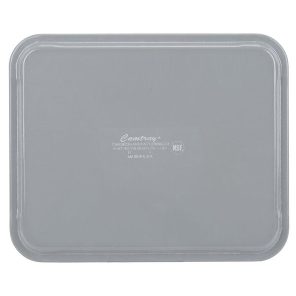A rectangular grey Cambro fiberglass tray with white text.