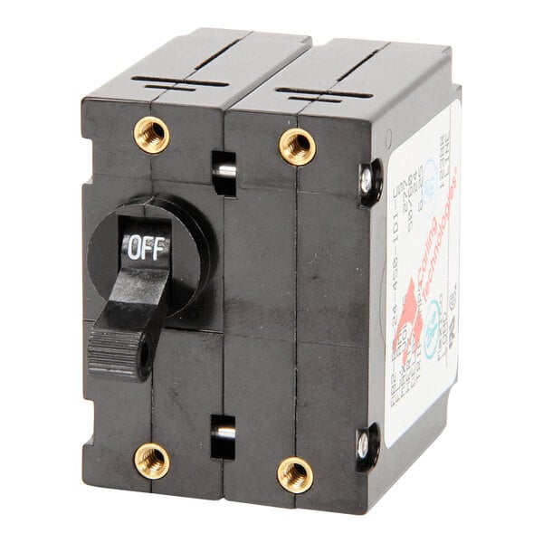 A black 2-pole, 5 amp switch with a toggle lever labeled 'OFF' and brass mounting inserts.