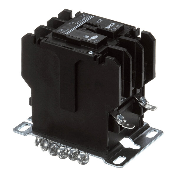 A black 3-pole electrical contactor with screw terminals and a metal mounting base.